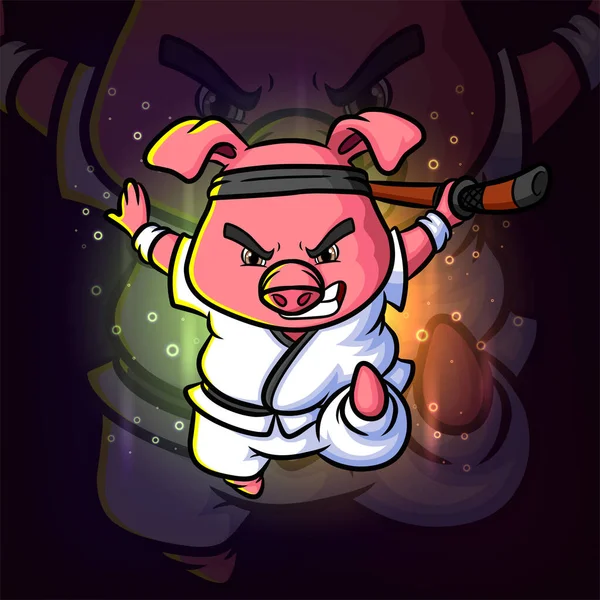 Das Karate Schwein Ist Angriff Mit Dem Stick Esport Maskottchen — Stockvektor
