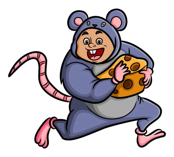 Muž Myším Kostýmem Krade Velký Sýr Ilustrace — Stockový vektor