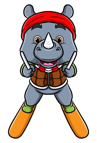 Das Niedliche Nashorn Spielt Schlittschuh Mit Sicherheitsausrüstung Der Illustration — Stockvektor