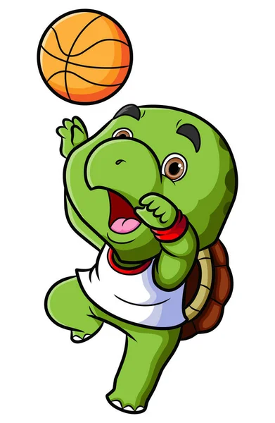 这只小乌龟正在打篮球 并正在投篮解说球 — 图库矢量图片