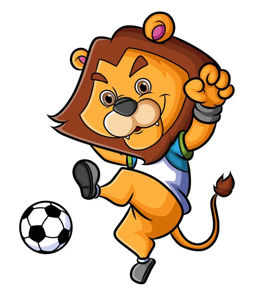 サッカー選手としてのライオンはイラストのボールを蹴っている — ストックベクタ