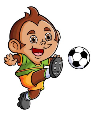 The cute monkey is running and kicking the soccer of illustration
