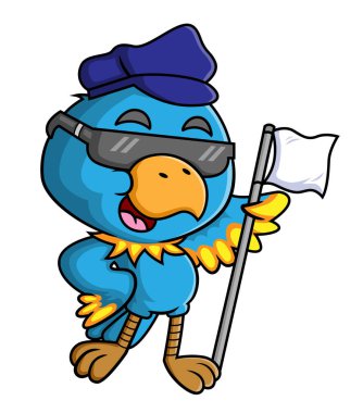 The cool bird is wearing sunglasses and cap while holding white flag of illustration