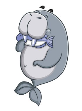 The cute walrus is laying down and biting for eat the fresh fish of illustration