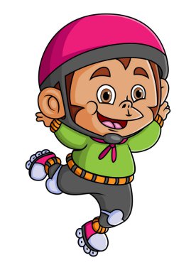 The cute monkey is playing roller skates and wearing helmet of illustration
