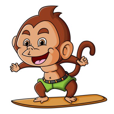 The happy monkey is playing a surfboard on the beach of illustration