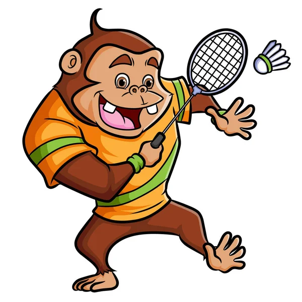 Chimpanzee Playing Badminton Hit Racket Illustration — Stockvector
