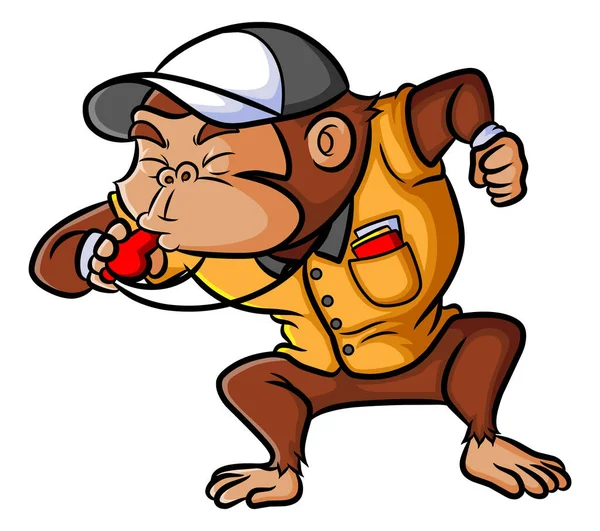 Chimpanzee Being Referee Blowing Whistle Illustration —  Vetores de Stock