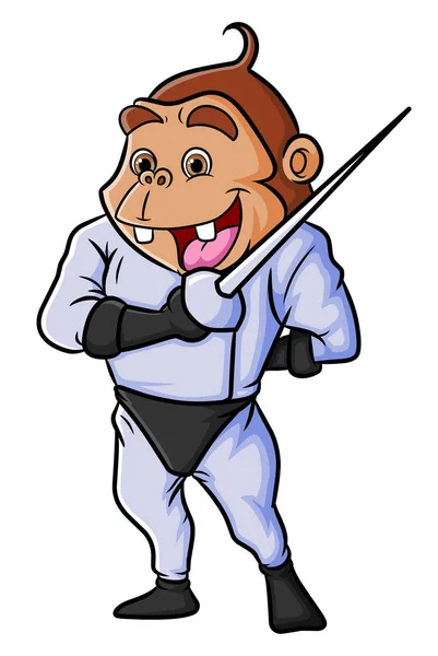 Chimpanzee Playing Fencing Showing Sword Illustration — Vetor de Stock