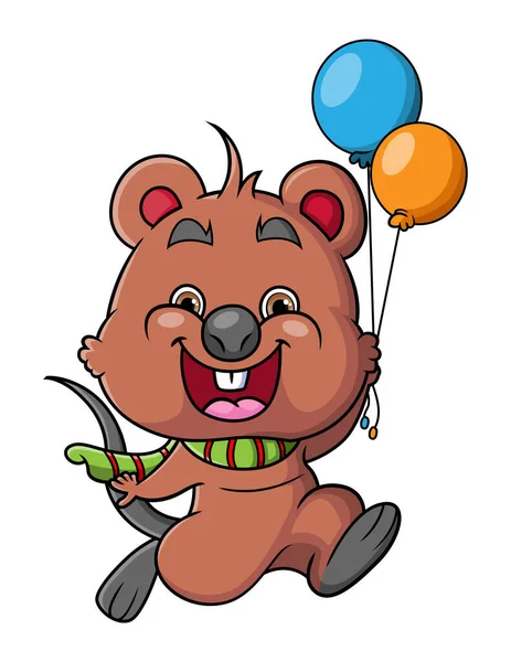 Happy Quokka Running Holding Colorful Balloon Illustration — Vetor de Stock