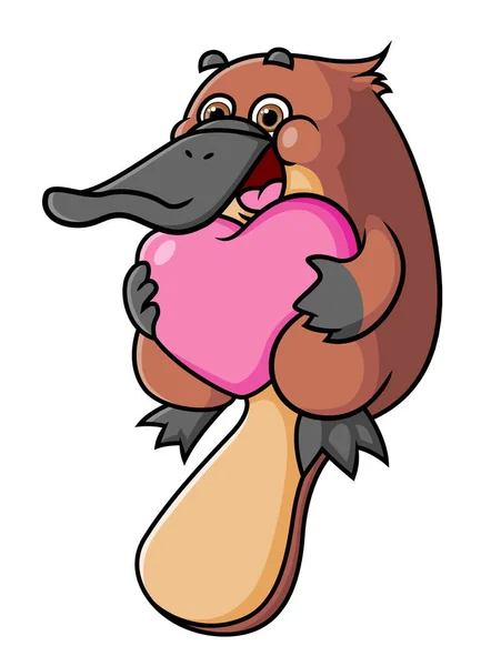 Cute Platypus Holding Love Pillow Valentine Gift Illustration — Stockvektor