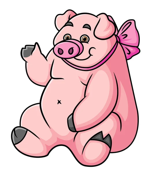 Big Pig Sitting Wearing Ribbon While Greeting Illustration — Stockvektor