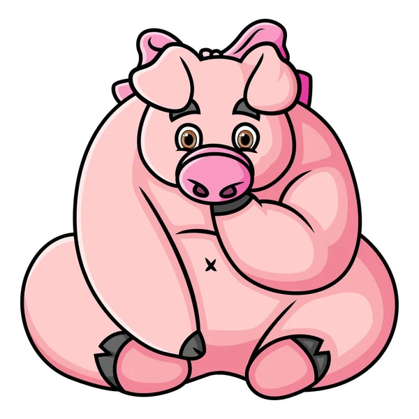 Good Pig Sitting Feeling Worry While Wearing Ribbon Illustration — Stockvektor