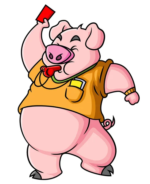 Pig Being Referee Blowing Whistle Take Out Red Card Illustration — Stockvector