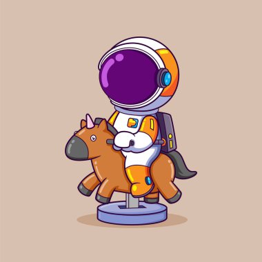 Astronot elinde bozuk para olan bir at oyuncağıyla oynuyor ve resimden çok memnun.