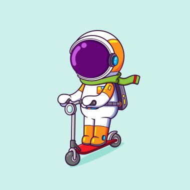 Mutlu astronot çizim yolunda scooter sürüyor ve oynuyor.