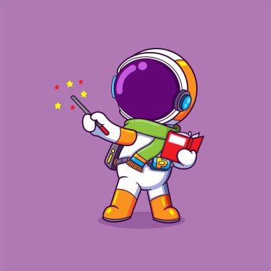 Astronot sihirli bir kitap okuyor ve resimden küçük yıldızlar yaratmak için biraz sihir yapıyor.