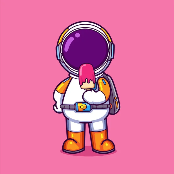宇宙飛行士は彼がイラストを買ったスーパーマーケットからアイスクリームを食べています — ストックベクタ