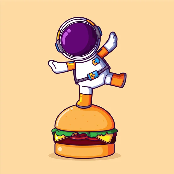 Astronauta Está Pie Posando Cima Una Gran Hamburguesa Ilustración — Vector de stock