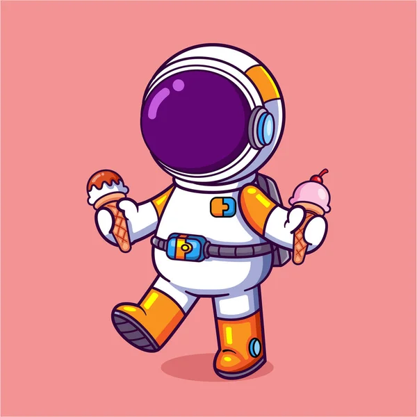 幸せな宇宙飛行士は彼の手に2つのアイスクリームを持っていて イラストの子供時代を過ごしています — ストックベクタ
