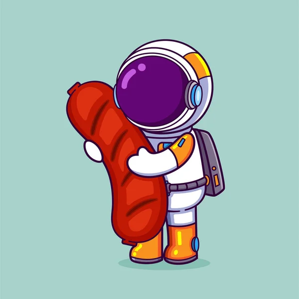 Astronauta Tiene Una Gran Salchicha Mano Comer Ilustración — Vector de stock