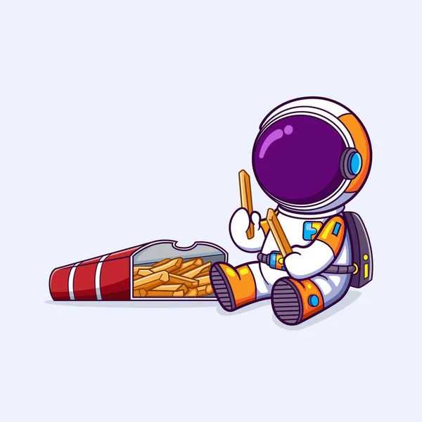 宇宙飛行士は イラストの座っている間にフライドポテトを食べることでその日を楽しんでいます — ストックベクタ