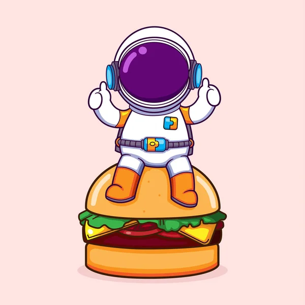 Astronauta Seduto Sul Grande Hamburger Posa Con Pollici Alto Stile — Vettoriale Stock