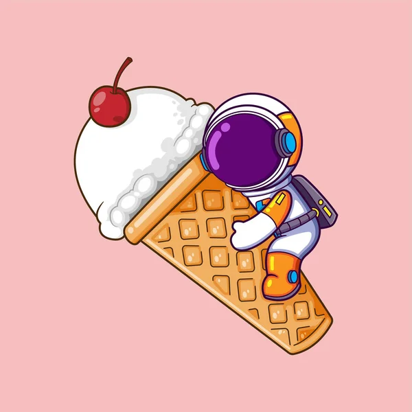 Astronaut Hugging Big Ice Cream Topping Cherry Top Illustration — Stock Vector