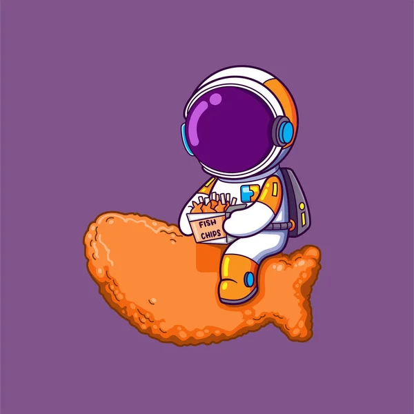 宇宙飛行士は魚のチップを保持し 乗っているとイラストの魚のチップのすべてを食べに行く — ストックベクタ