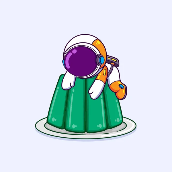 宇宙飛行士は大きなゼリーをジャンプして抱きかかえていて イラストのゼリーを食べるのがとても空腹です — ストックベクタ