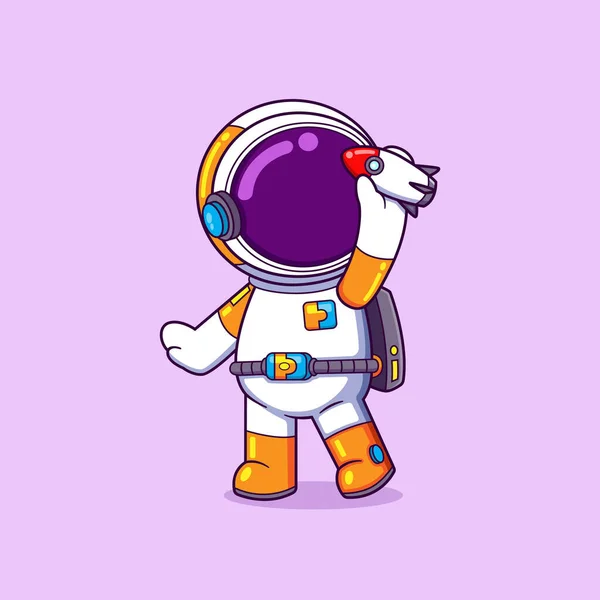 Astronaut Speelt Een Klein Raketspeeltje Hij Erg Blij Met Illustratie — Stockvector