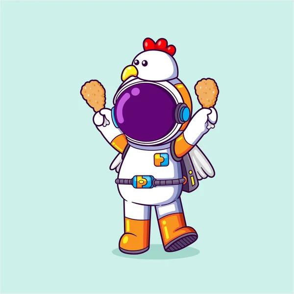 Astronauta Essere Pollo Con Costume Carino Tenere Polli Fritti Illustrazione — Vettoriale Stock