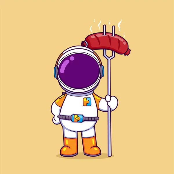 Astronauta Sta Cuocendo Una Grande Salsiccia Con Uno Spiedo Lungo — Vettoriale Stock