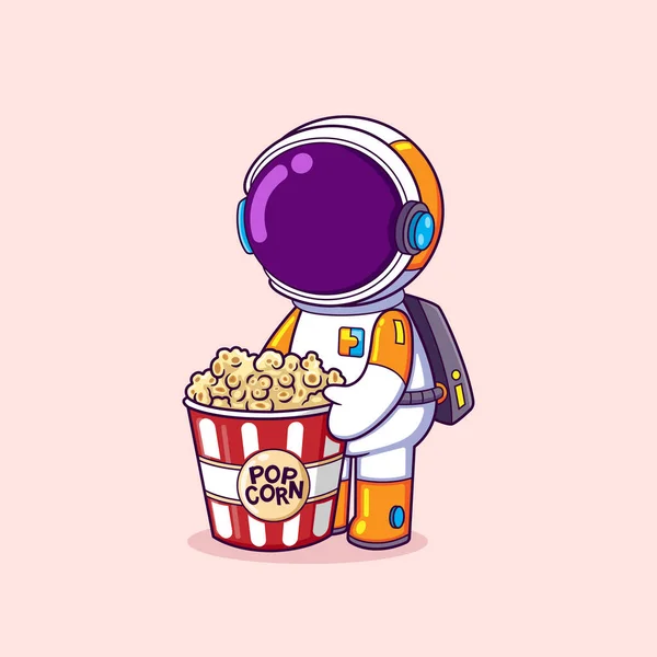 宇宙飛行士は劇場でポップコーンを買っていて イラストを見ながら食べる準備ができています — ストックベクタ