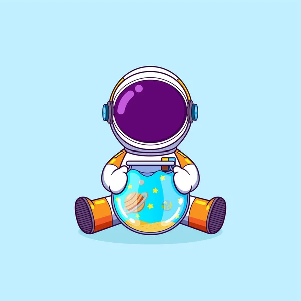 Astronaut Holding Little Aquarium Planet While Sitting Illustration — Stock Vector