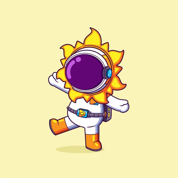 幸せな宇宙飛行士は太陽の衣装の頭を着ているとイラストのかわいいポーズ — ストックベクタ
