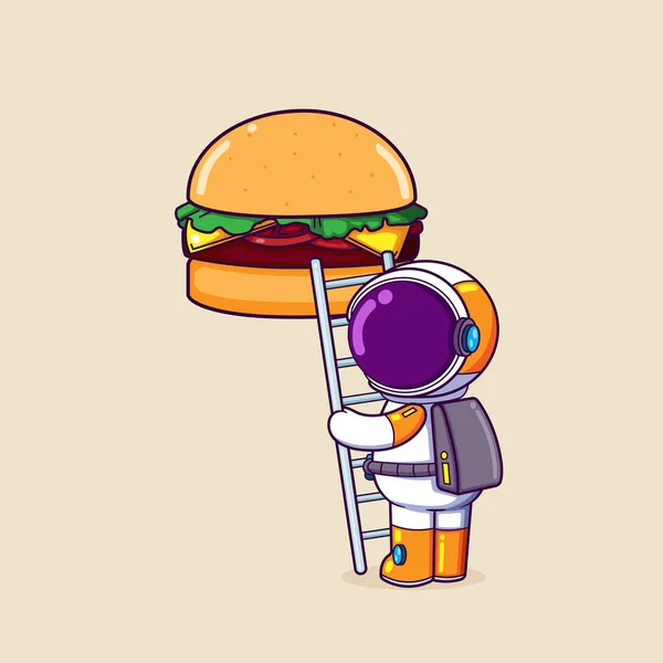 Den Hungriga Astronaut Håller Stegen Och Försöker Hamburgare Illustration — Stock vektor