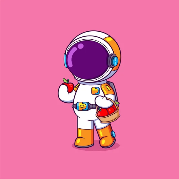 Astronaut Collecting Apple Eating Red Apple Illustration — Stock Vector