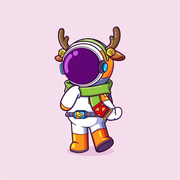 宇宙飛行士は イラストのクリスマスを祝うために鹿の頭バンドを着ています — ストックベクタ