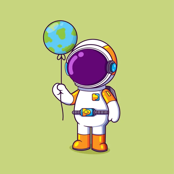 Cute Astronaut Holding Big Balloon Earth Maps Illustration — Stock Vector