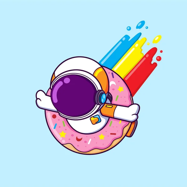 Astronauta Sta Giocando Con Ciambella Cadendo Con Colore Arcobaleno Illustrazione — Vettoriale Stock