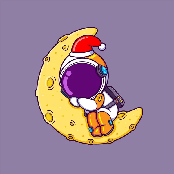 宇宙飛行士は イラストのサンタの帽子をかぶっている間 月の上で寝ています — ストックベクタ