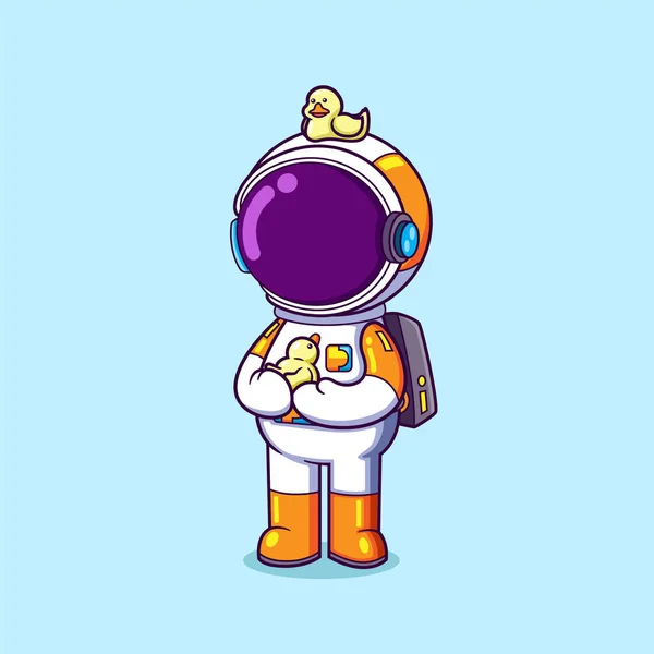 Astronaut Speelt Kleine Eendenpop Bij Hand Hoofd Van Illustratie — Stockvector