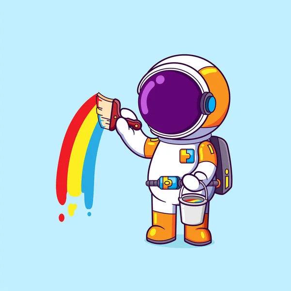 画家の宇宙飛行士は イラストの虹色で空を描いています — ストックベクタ