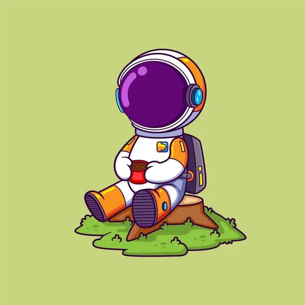 Şirin Astronot Bir Fincan Kahvenin Tadını Çıkarıyor Resim Ağacında Oturuyor — Stok Vektör