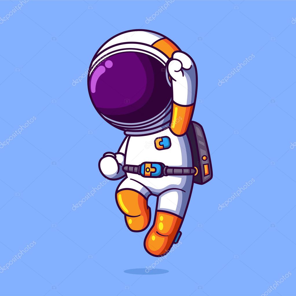 The astronaut is jumping and very happy that he reach the outer planet in galaxy of illustration