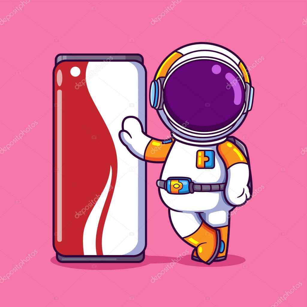 The cool astronaut is standing and posing near the big canned drink of illustration