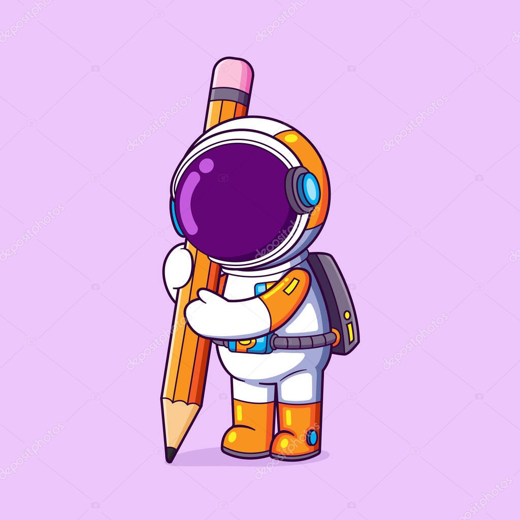 The astronaut is writing with a big pencil on his hand and learning something of illustration