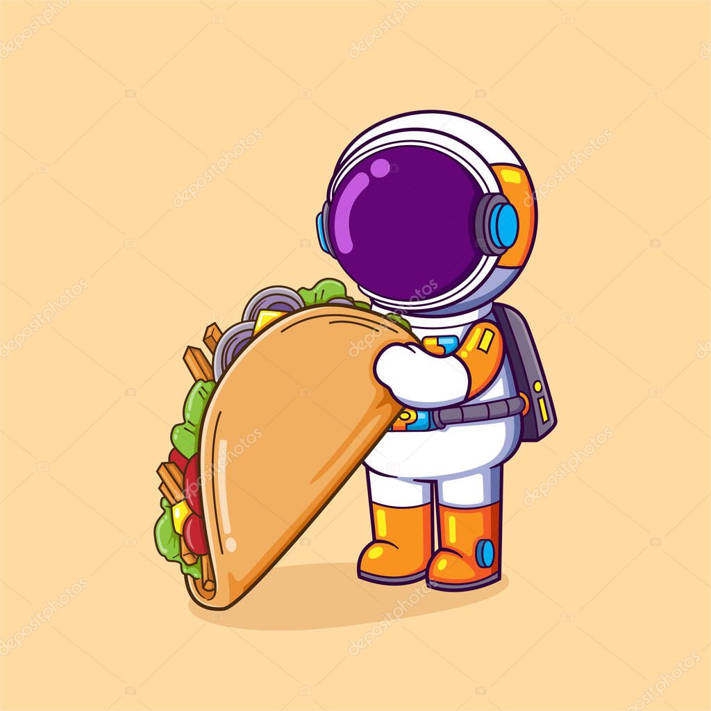 The hungry astronaut is having a breakfast with big salad sandwich on hand of illustration