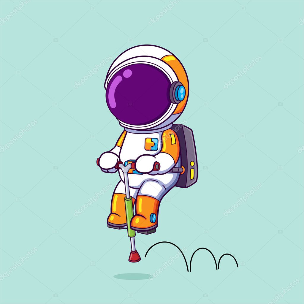 The astronaut is using a bounce tool that can jump moving and playing with it of illustration